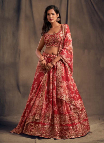 Marvelous Red Floral Print Organza Wedding Lehenga Choli
